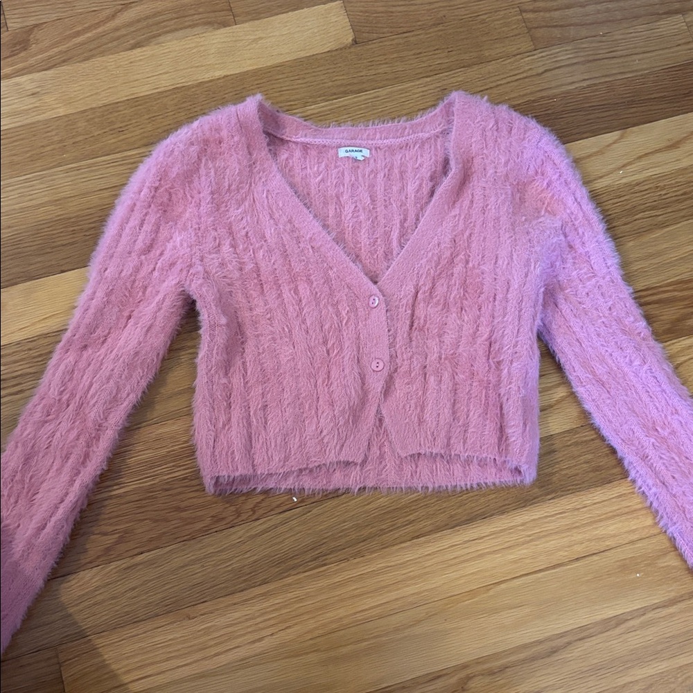 Garage Pink Fuzzy Cropped Cardigan